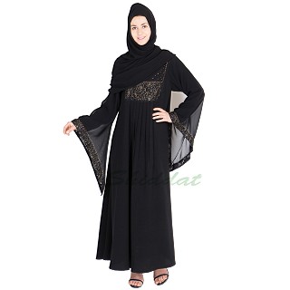 Pleated abaya with golden embroidery and bead work